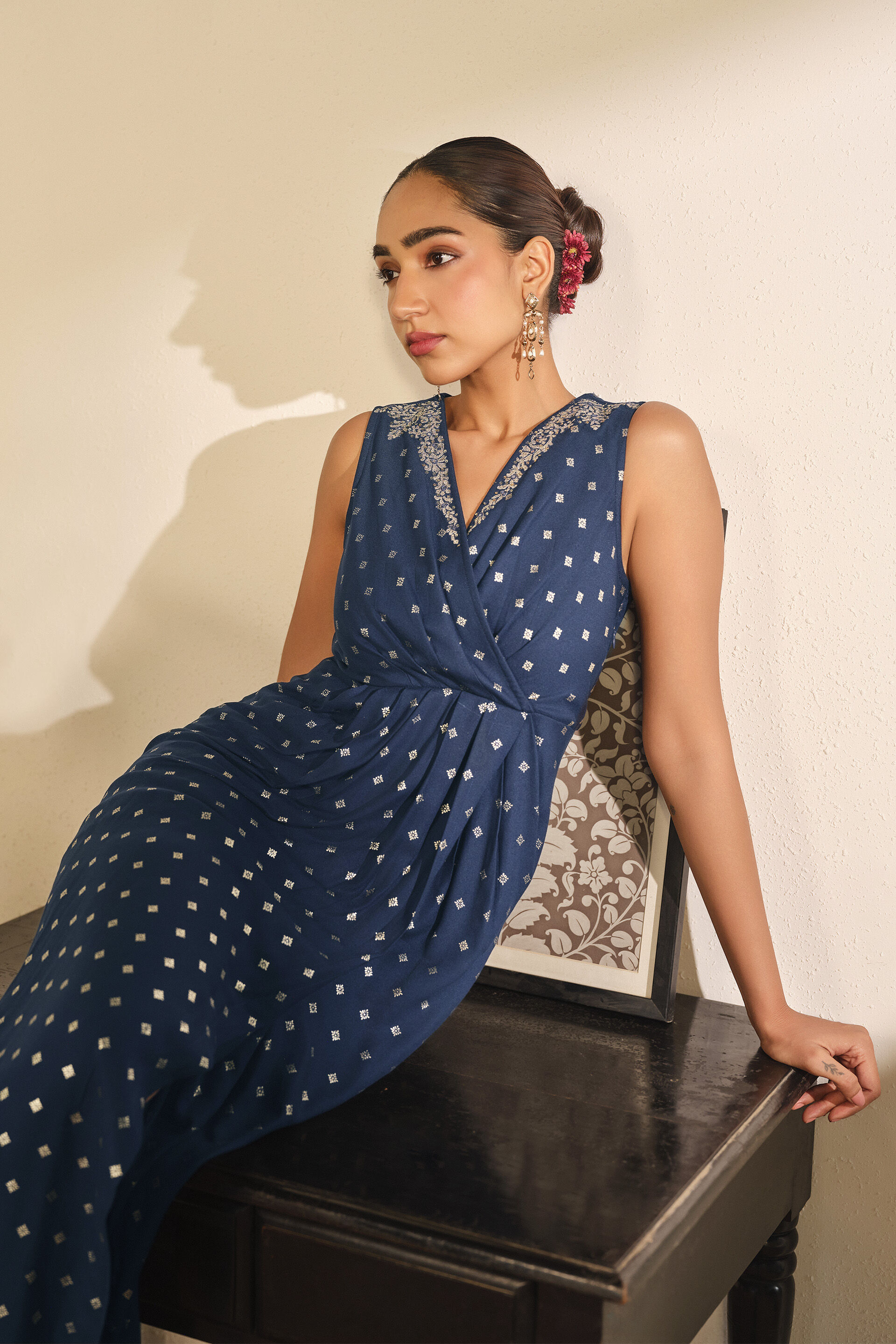 Printed Wrap Maxi Dress in Indigo, Indigo, image 6
